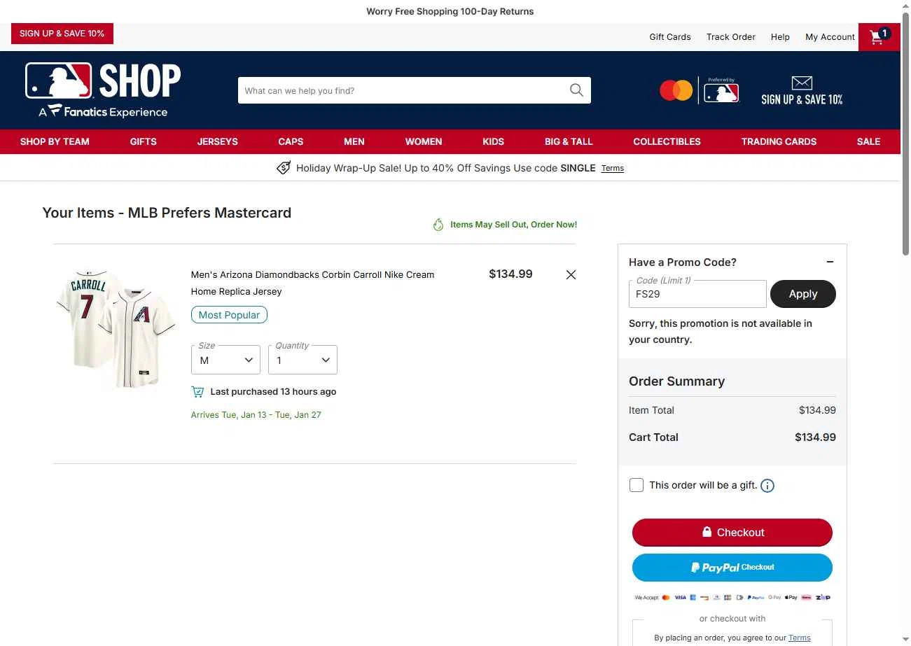 Cincinnati Reds checkout page showing Cincinnati Reds promo code box | Screenshot taken by SimplyCodes community member on Dec 29, 2025