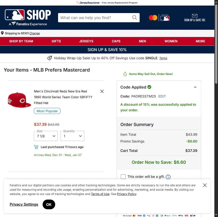 Cincinnati Reds checkout page showing Cincinnati Reds promo code box | Screenshot taken by SimplyCodes community member on Dec 24, 2025