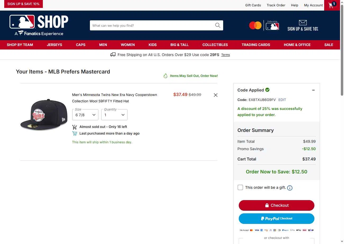 Cincinnati Reds checkout page showing Cincinnati Reds promo code box | Screenshot taken by SimplyCodes community member on Jan 12, 2026