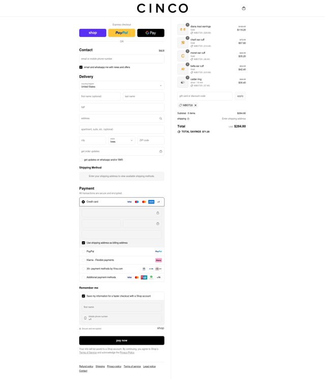 Cinco checkout page showing Cinco promo code box | Screenshot taken by SimplyCodes community member on Sep 1, 2025
