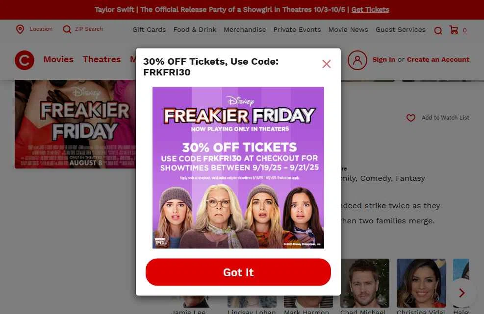 Cinemark Theatres checkout page showing Cinemark Theatres promo code box | Screenshot taken by SimplyCodes community member on Sep 20, 2025