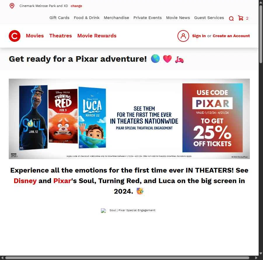 Cinemark Theatres checkout page showing Cinemark Theatres promo code box | Screenshot taken by SimplyCodes community member on May 9, 2025