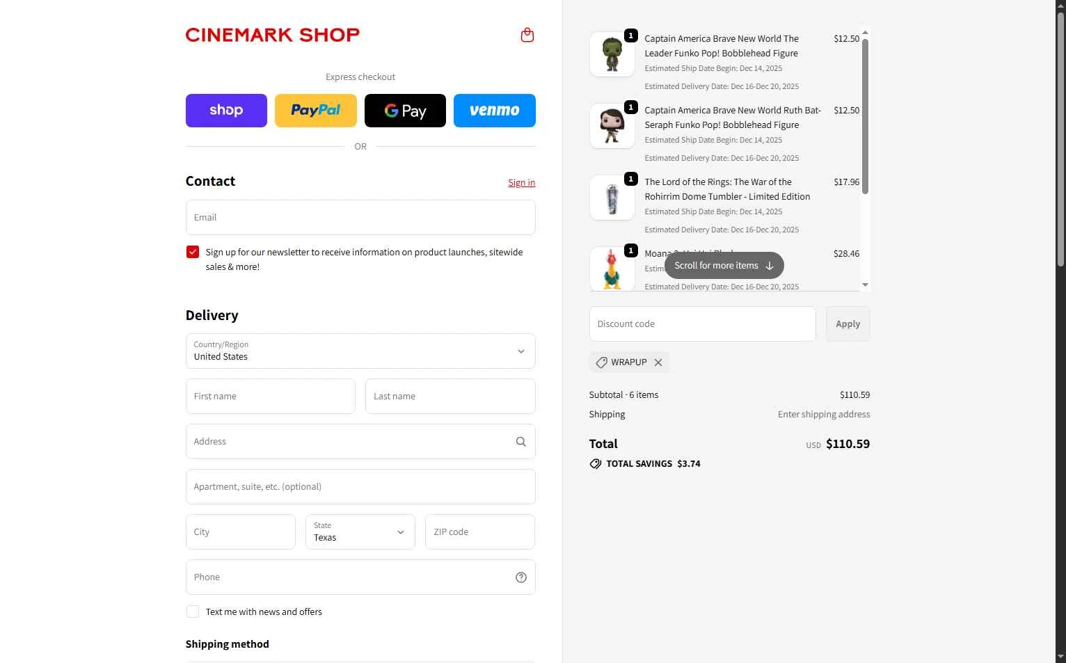 Cinemark Theatres checkout page showing Cinemark Theatres promo code box | Screenshot taken by SimplyCodes community member on Dec 12, 2025