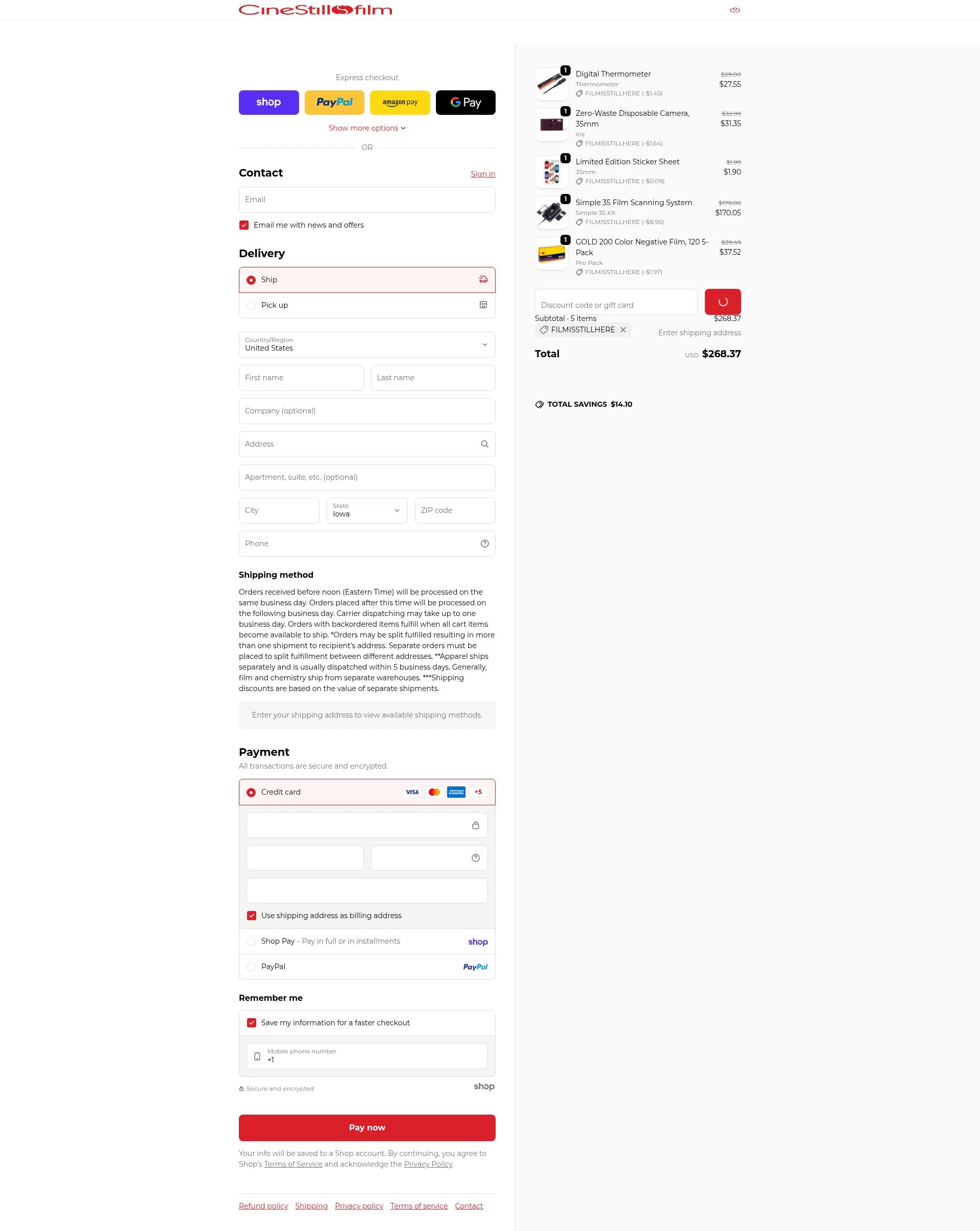 CineStill Film checkout page showing CineStill Film discount code box | Screenshot taken by SimplyCodes community member on Jan 28, 2026