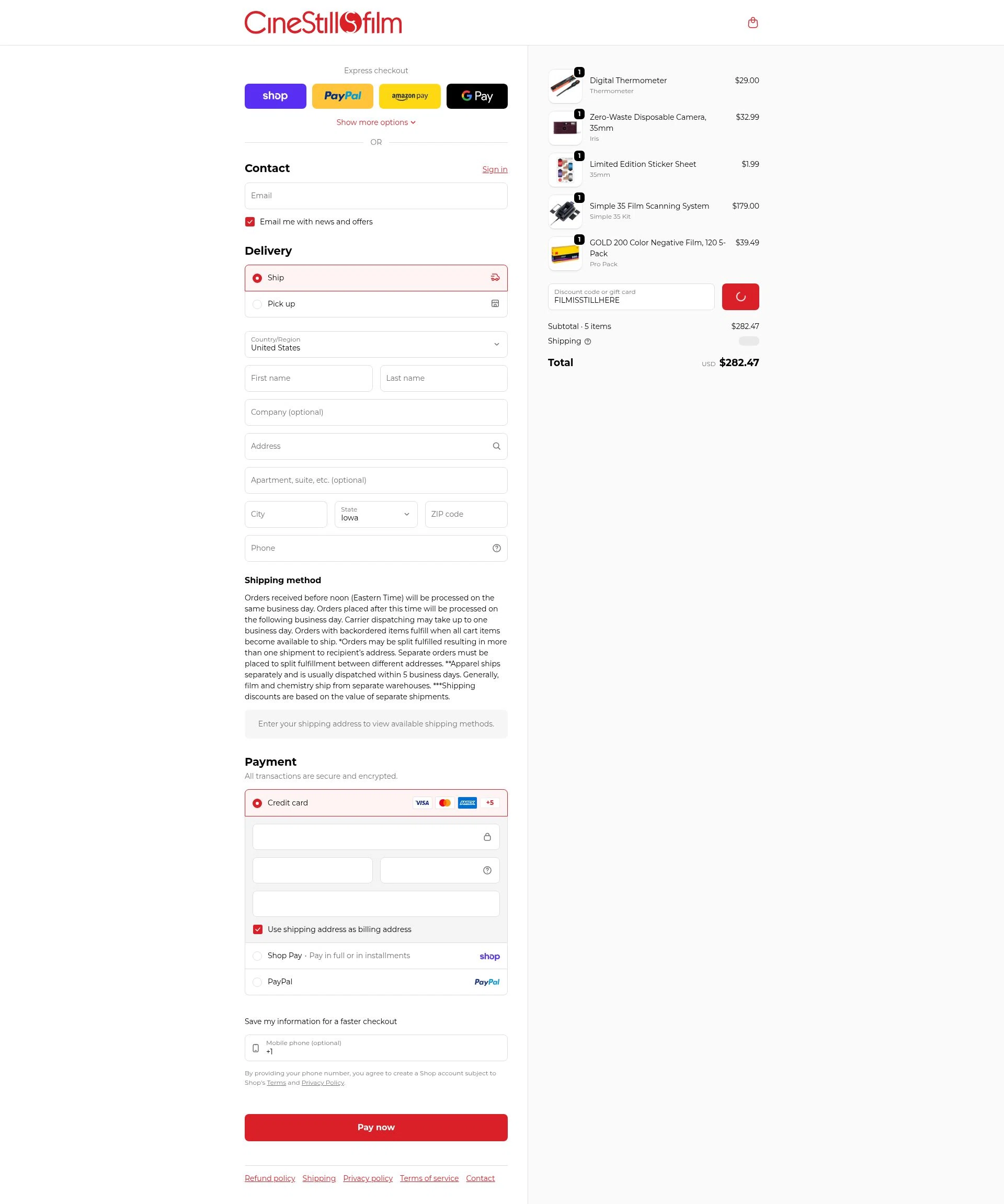 CineStill Film checkout page showing CineStill Film discount code box | Screenshot taken by SimplyCodes community member on Feb 11, 2026