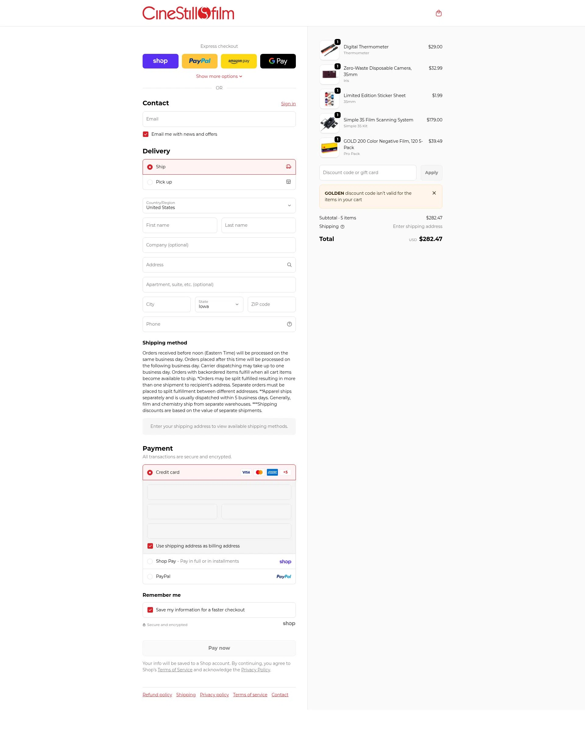 CineStill Film checkout page showing CineStill Film discount code box | Screenshot taken by SimplyCodes community member on Jan 28, 2026