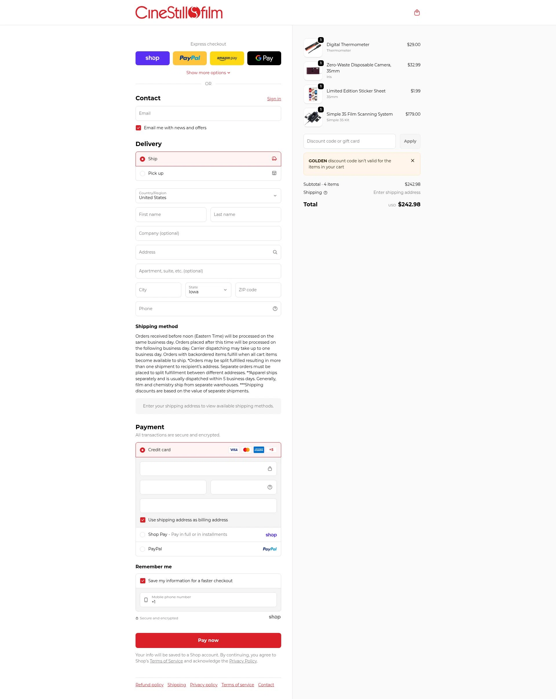 CineStill Film checkout page showing CineStill Film discount code box | Screenshot taken by SimplyCodes community member on Jan 24, 2026
