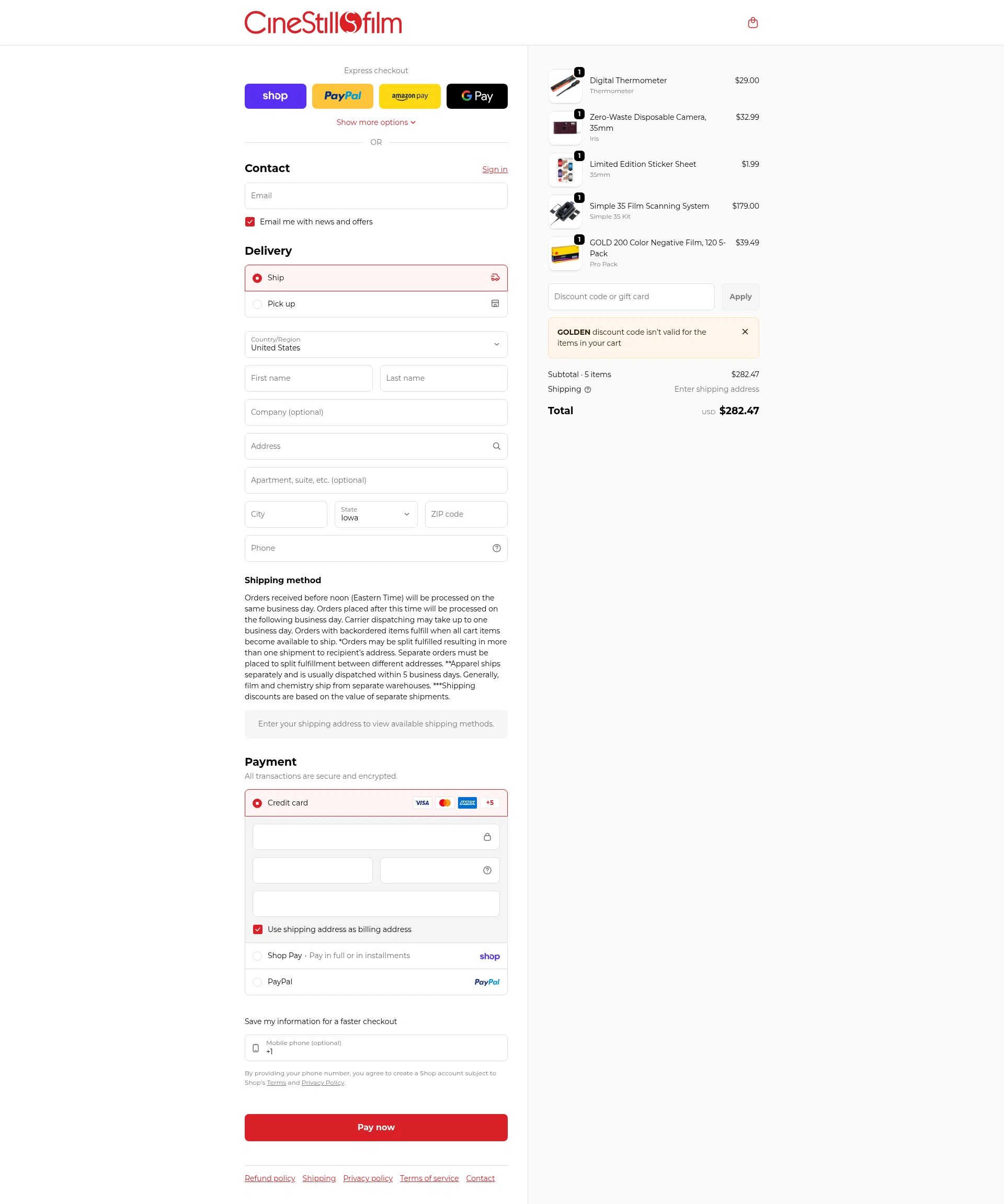 CineStill Film checkout page showing CineStill Film discount code box | Screenshot taken by SimplyCodes community member on Feb 6, 2026
