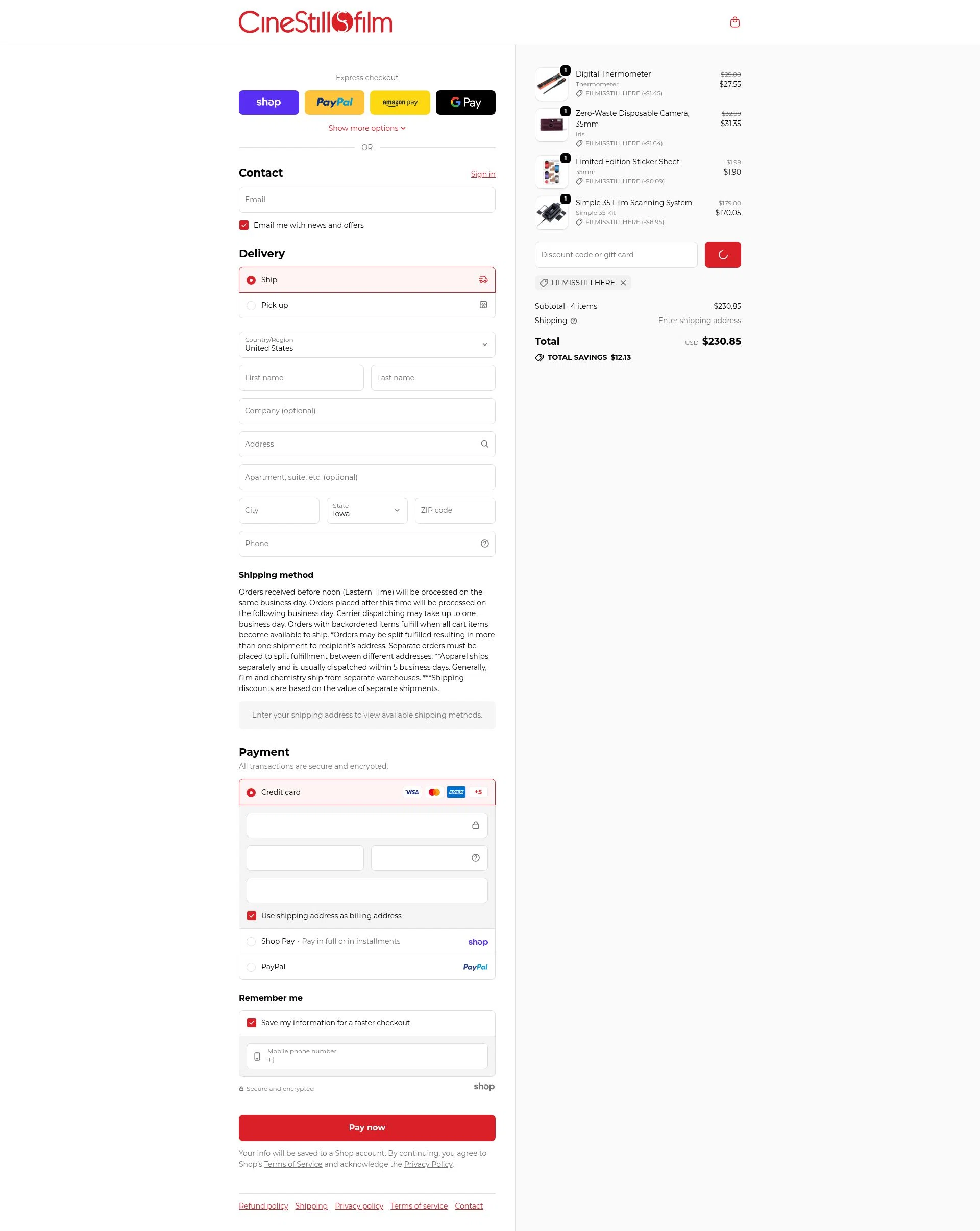 CineStill Film checkout page showing CineStill Film discount code box | Screenshot taken by SimplyCodes community member on Jan 24, 2026