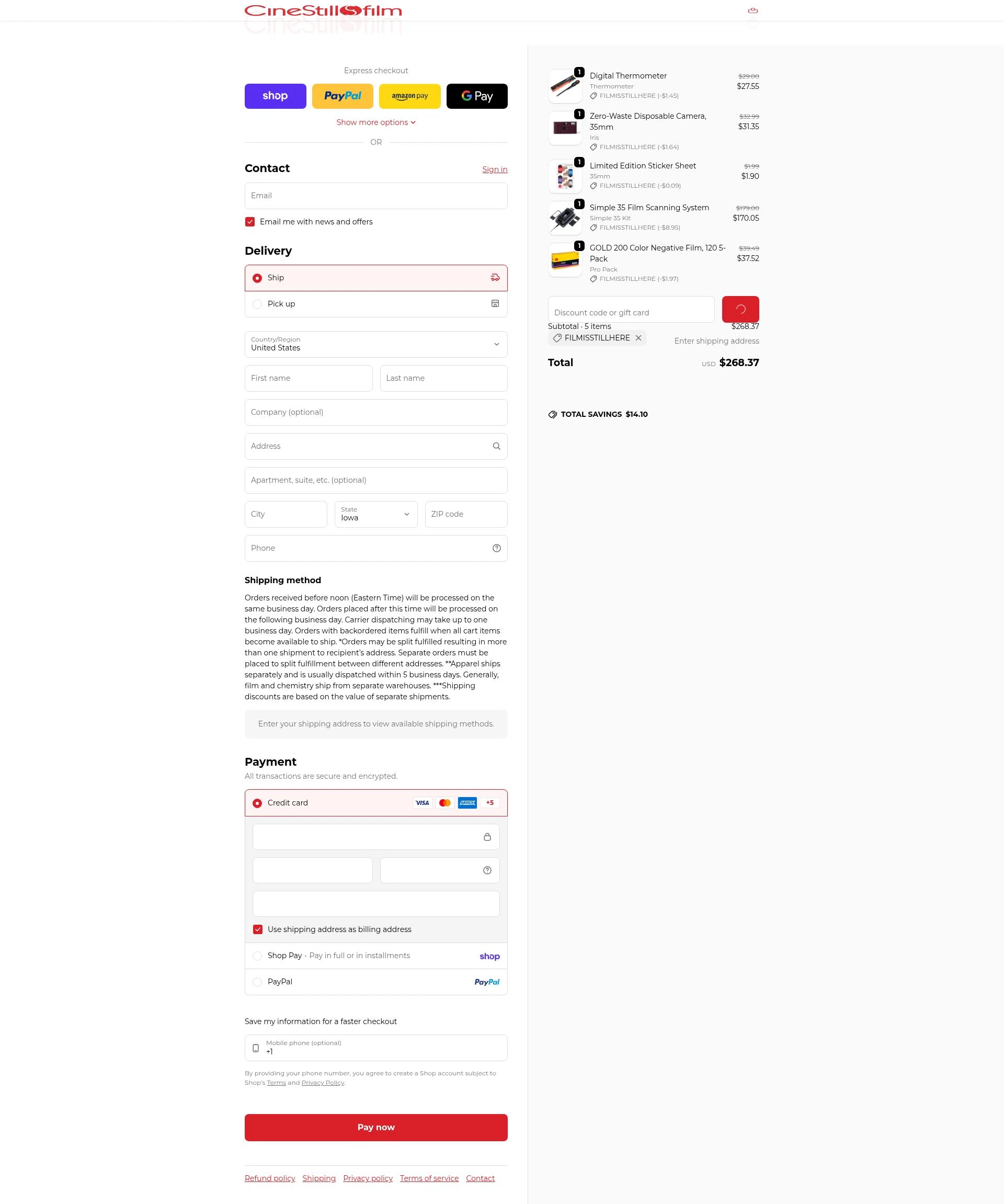CineStill Film checkout page showing CineStill Film discount code box | Screenshot taken by SimplyCodes community member on Feb 2, 2026