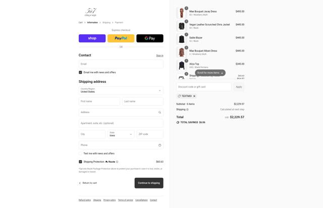 Cinq à Sept checkout page showing Cinq à Sept promo code box | Screenshot taken by SimplyCodes community member on Sep 14, 2025