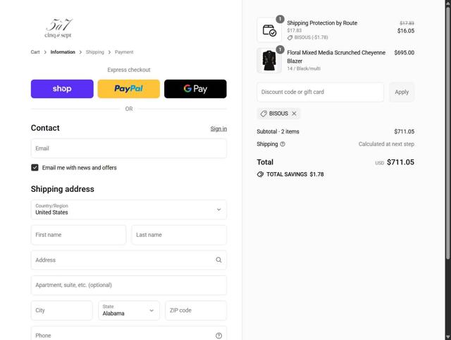 Cinq à Sept checkout page showing Cinq à Sept promo code box | Screenshot taken by SimplyCodes community member on Sep 10, 2025
