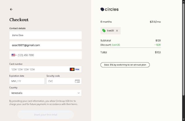 Circles checkout page showing Circles promo code box | Screenshot taken by SimplyCodes community member on Aug 12, 2025