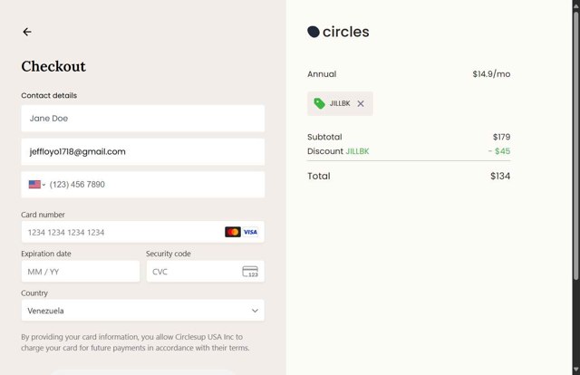 Circles checkout page showing Circles promo code box | Screenshot taken by SimplyCodes community member on Jul 24, 2025