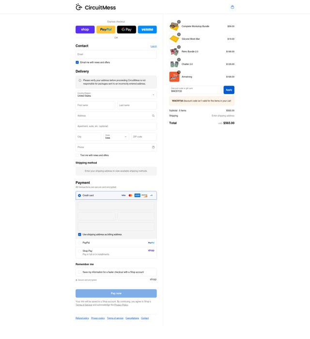CircuitMess checkout page showing CircuitMess discount code box | Screenshot taken by SimplyCodes community member on Sep 3, 2025