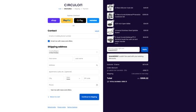 Circulon checkout page showing Circulon discount code box | Screenshot taken by SimplyCodes community member on Sep 2, 2025