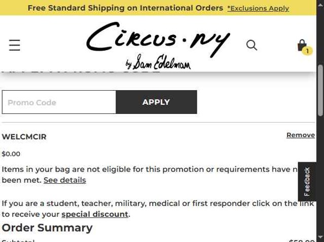 Circus NY checkout page showing Circus NY promo code box | Screenshot taken by SimplyCodes community member on Aug 18, 2025