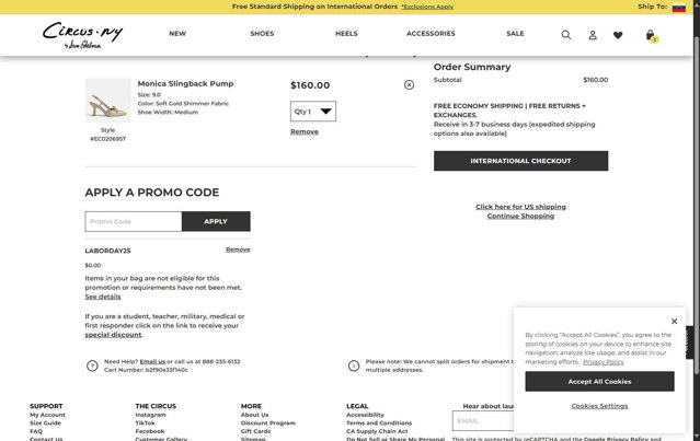 Circus NY checkout page showing Circus NY promo code box | Screenshot taken by SimplyCodes community member on Aug 28, 2025