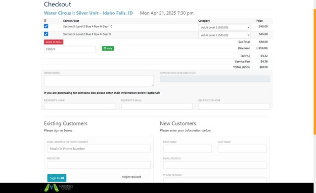 Cirque Italia checkout page showing Cirque Italia promo code box | Screenshot taken by SimplyCodes community member on Apr 21, 2025