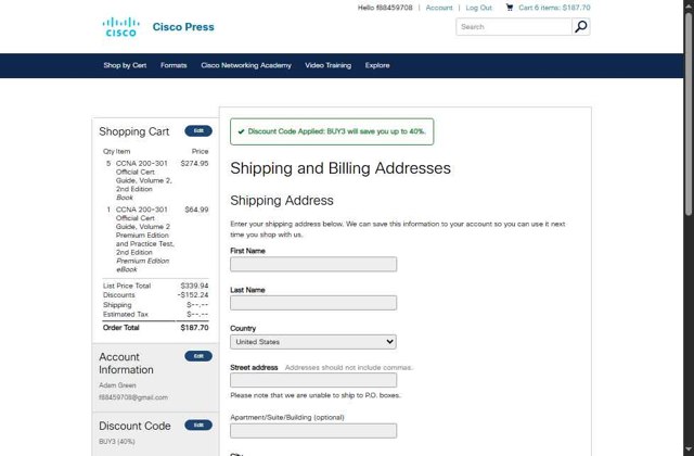 Cisco Press checkout page showing Cisco Press discount code box | Screenshot taken by SimplyCodes community member on Sep 2, 2025