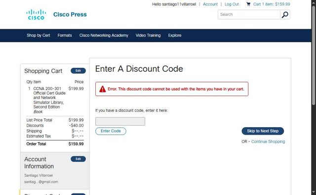 Cisco Press checkout page showing Cisco Press discount code box | Screenshot taken by SimplyCodes community member on Jul 19, 2025
