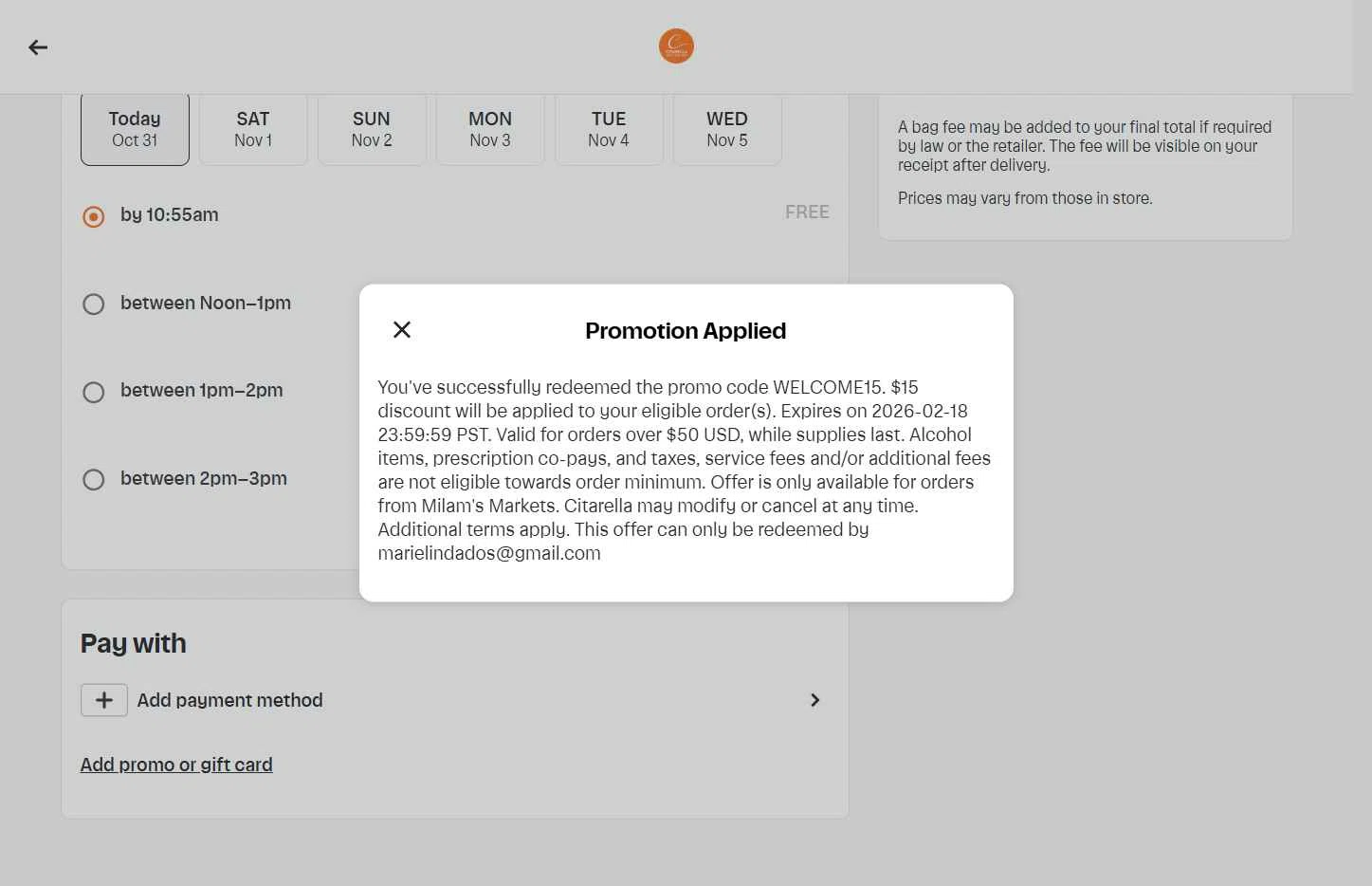 Citarella checkout page showing Citarella promo code box | Screenshot taken by SimplyCodes community member on Oct 31, 2025