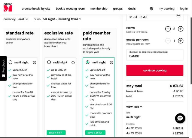 CitizenM Hotels checkout page showing CitizenM Hotels promo code box | Screenshot taken by SimplyCodes community member on Jul 9, 2025