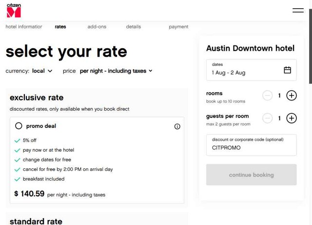 CitizenM Hotels checkout page showing CitizenM Hotels promo code box | Screenshot taken by SimplyCodes community member on Aug 1, 2025