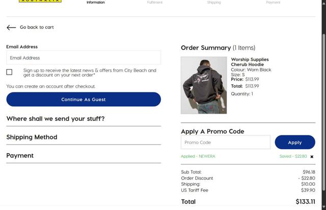 City Beach checkout page showing City Beach promo code box | Screenshot taken by SimplyCodes community member on Aug 27, 2025
