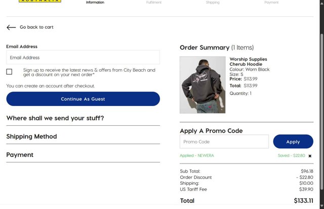 City Beach checkout page showing City Beach promo code box | Screenshot taken by SimplyCodes community member on Aug 27, 2025