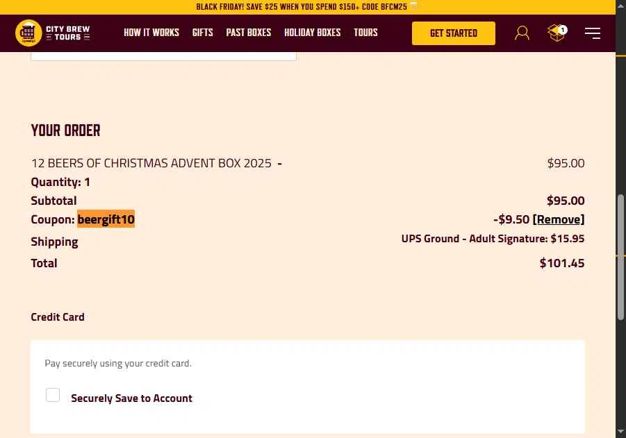 City Brew Tours checkout page showing City Brew Tours promo code box | Screenshot taken by SimplyCodes community member on Nov 30, 2025