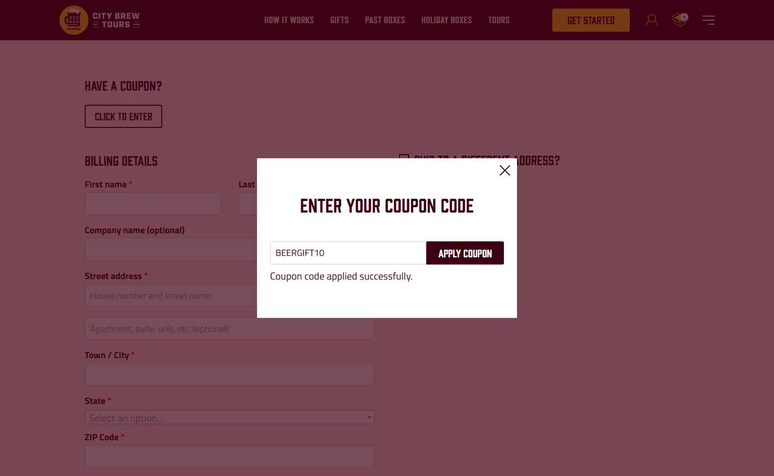 City Brew Tours checkout page showing City Brew Tours promo code box | Screenshot taken by SimplyCodes community member on Jan 27, 2026