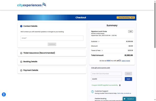 City Experiences checkout page showing City Experiences promo code box | Screenshot taken by SimplyCodes community member on Aug 29, 2025