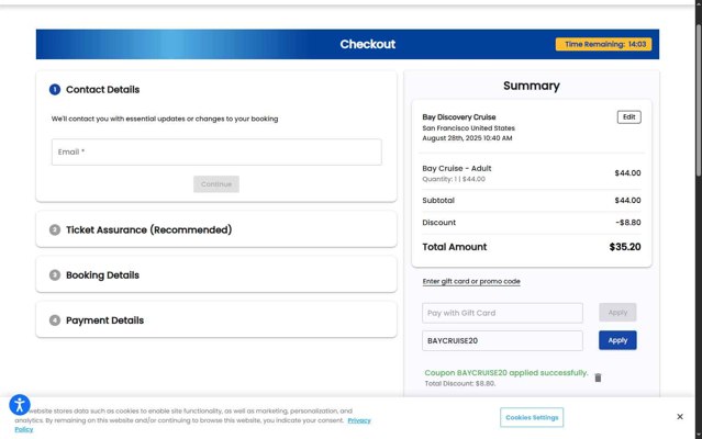 City Experiences checkout page showing City Experiences promo code box | Screenshot taken by SimplyCodes community member on Aug 25, 2025