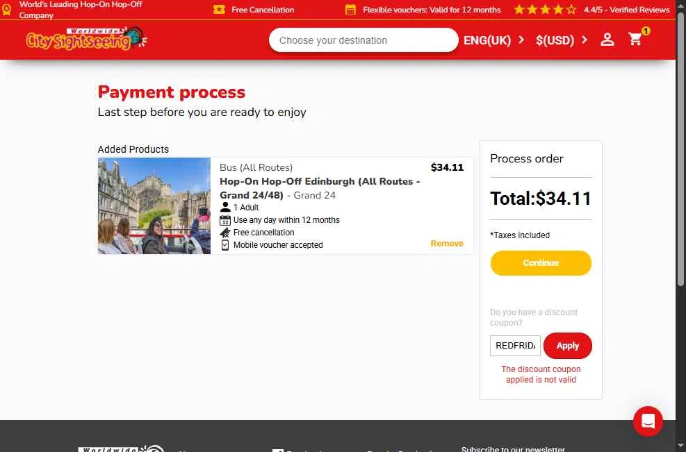 Verification screenshot for 15% Off Select Items at City Sightseeing - 6mo ago