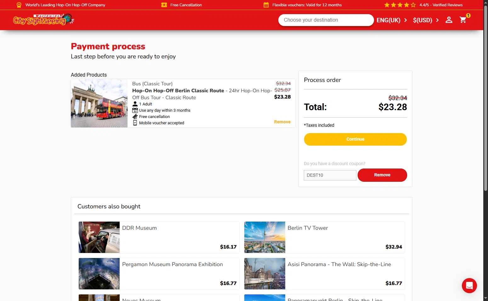 City Sightseeing checkout page showing City Sightseeing coupon code box | Screenshot taken by SimplyCodes community member on Oct 4, 2025