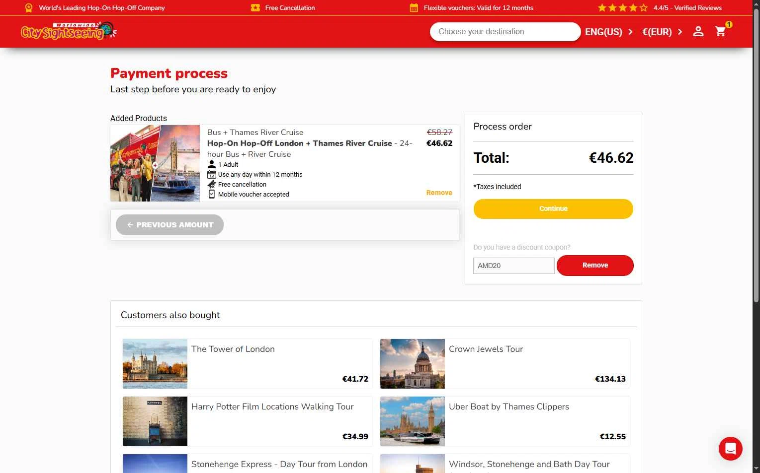 City Sightseeing checkout page showing City Sightseeing coupon code box | Screenshot taken by SimplyCodes community member on Feb 19, 2026