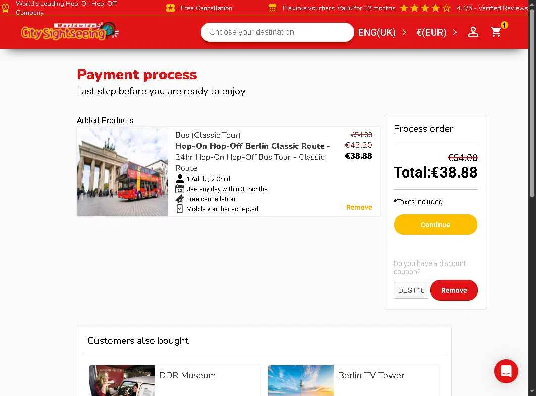 City Sightseeing checkout page showing City Sightseeing coupon code box | Screenshot taken by SimplyCodes community member on Sep 3, 2025
