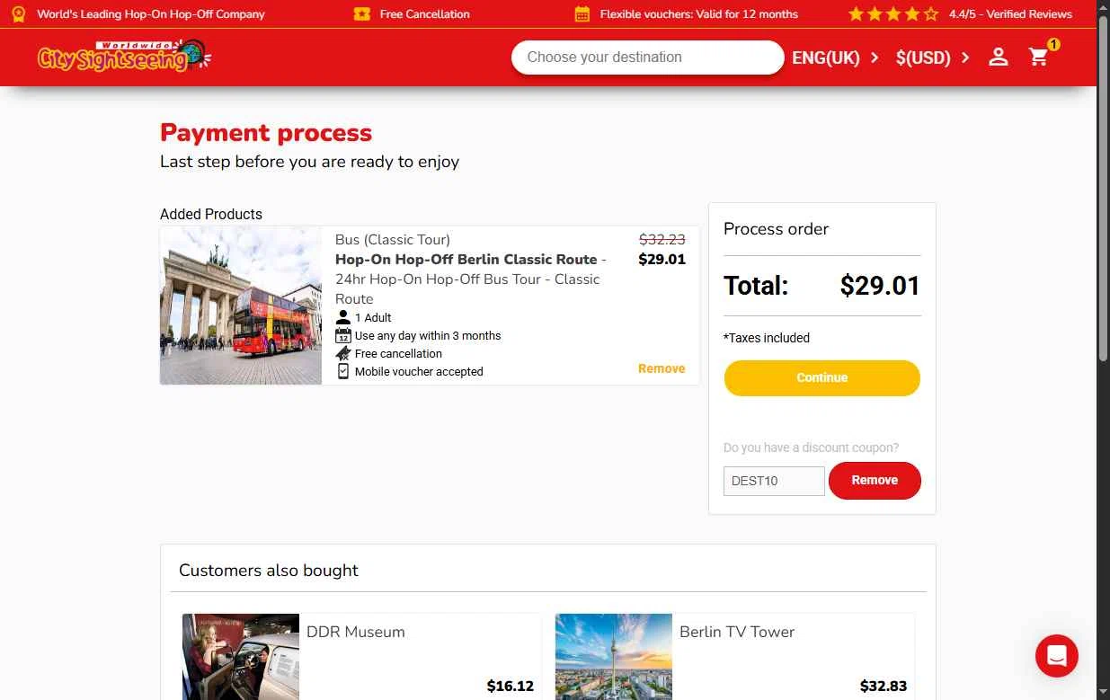 City Sightseeing checkout page showing City Sightseeing coupon code box | Screenshot taken by SimplyCodes community member on Aug 14, 2025