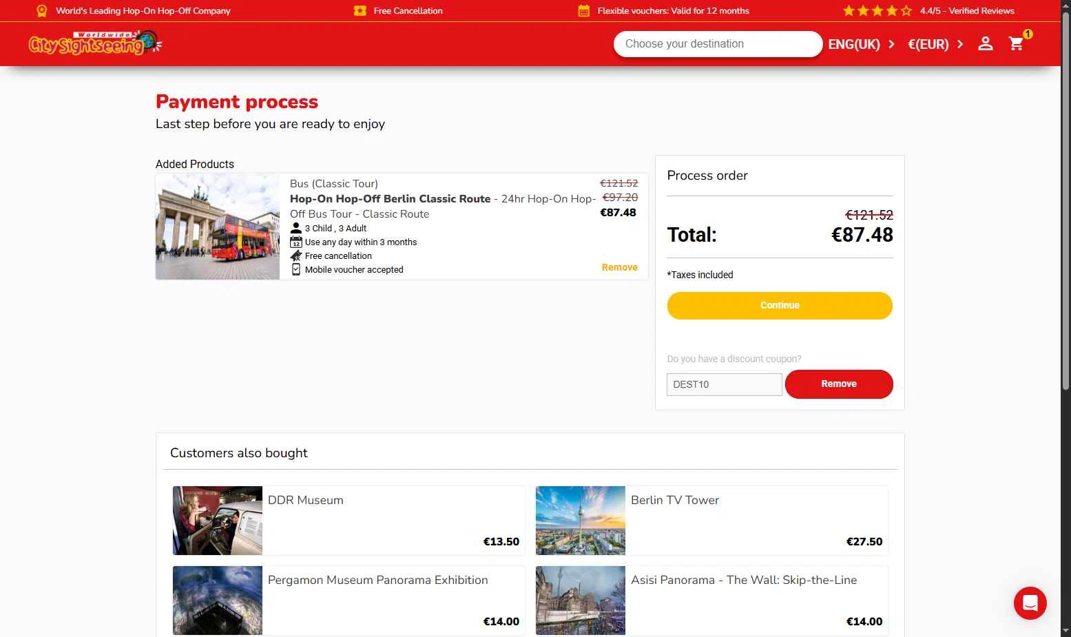 City Sightseeing checkout page showing City Sightseeing coupon code box | Screenshot taken by SimplyCodes community member on Dec 2, 2025