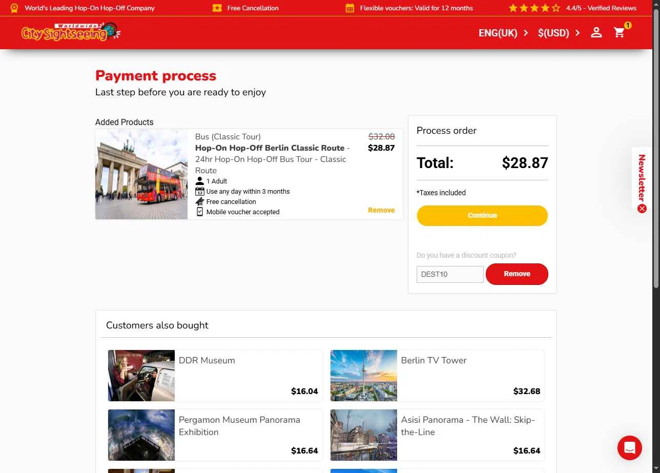 City Sightseeing checkout page showing City Sightseeing coupon code box | Screenshot taken by SimplyCodes community member on Aug 9, 2025