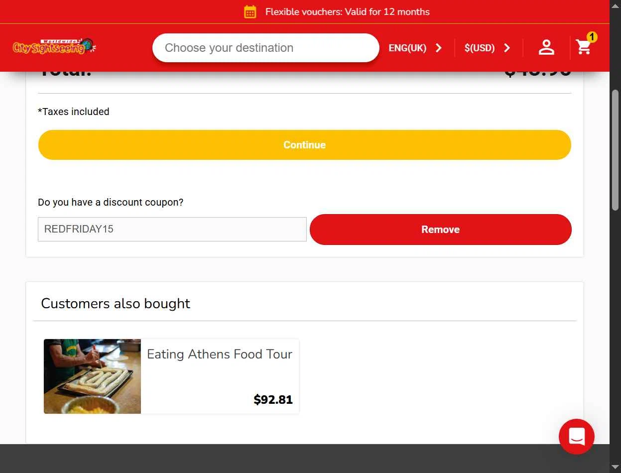 City Sightseeing checkout page showing City Sightseeing coupon code box | Screenshot taken by SimplyCodes community member on Nov 20, 2025