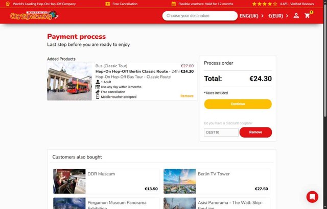 City Sightseeing checkout page showing City Sightseeing coupon code box | Screenshot taken by SimplyCodes community member on Jul 19, 2025