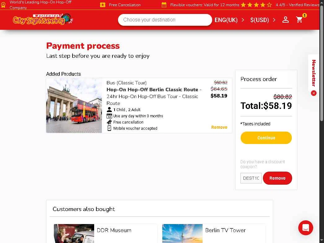 City Sightseeing checkout page showing City Sightseeing coupon code box | Screenshot taken by SimplyCodes community member on Sep 13, 2025