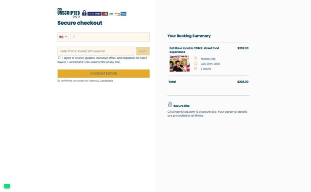 City Unscripted checkout page showing City Unscripted promo code box | Screenshot taken by SimplyCodes community member on Jul 9, 2025