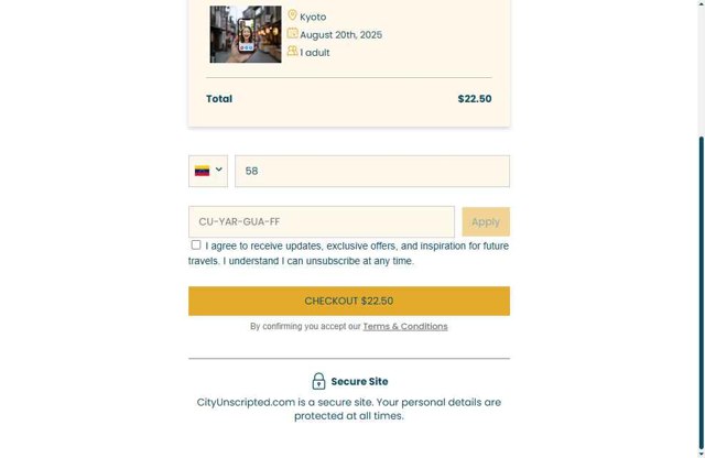 City Unscripted checkout page showing City Unscripted promo code box | Screenshot taken by SimplyCodes community member on Aug 18, 2025