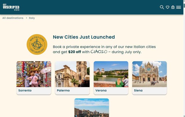 City Unscripted checkout page showing City Unscripted promo code box | Screenshot taken by SimplyCodes community member on Jul 1, 2025