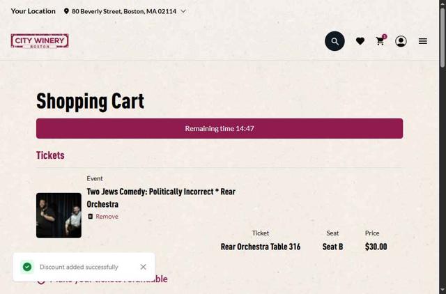 City Winery checkout page showing City Winery promo code box | Screenshot taken by SimplyCodes community member on May 23, 2025