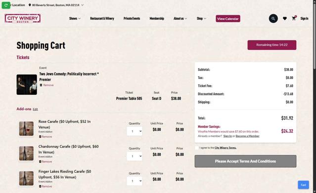 City Winery checkout page showing City Winery promo code box | Screenshot taken by SimplyCodes community member on May 27, 2025