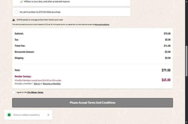City Winery checkout page showing City Winery promo code box | Screenshot taken by SimplyCodes community member on Sep 3, 2025